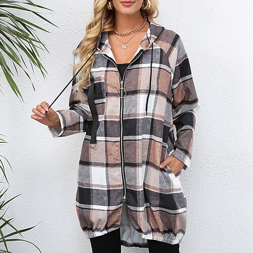 

Women's Hoodie Jacket Windproof Warm Street Daily Going out Zipper Hoodie Casual Stripes and Plaid Regular Fit Outerwear Long Sleeve Winter Fall Green Black Coffee S M L XL XXL
