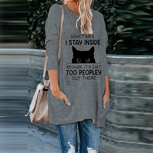 

Women's Shift Dress Short Mini Dress Gray Long Sleeve Cat Letter Animal Pocket Print Fall Spring Crew Neck Casual Vacation 2022 S M L XL XXL 3XL