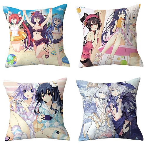 

DATE A LIVE Double Side Cushion Cover 4PC Soft Decorative Square Throw Pillow Cover Cushion Case Pillowcase for Sofa Bedroom Superior Quality Machine Washable