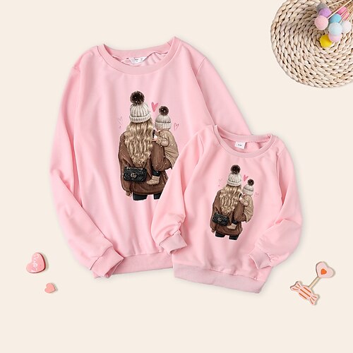 

Mommy and Me Sweatshirt Cartoon Graphic Patterned Heart Daily Print Pink Long Sleeve Daily Matching Outfits
