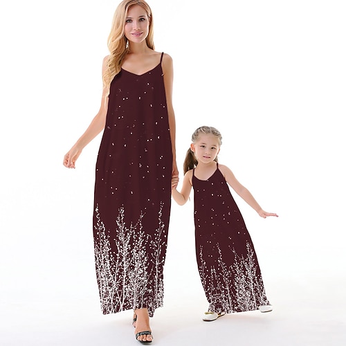 

Mommy and Me Dresses Floral Causal Backless Green Blue Wine Sleeveless Maxi Strap Dress Active Matching Outfits