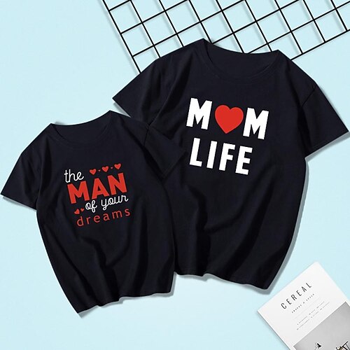 

Mommy and Me T shirt Tops Heart Letter Daily Print Black Pink Wine Short Sleeve Basic Matching Outfits