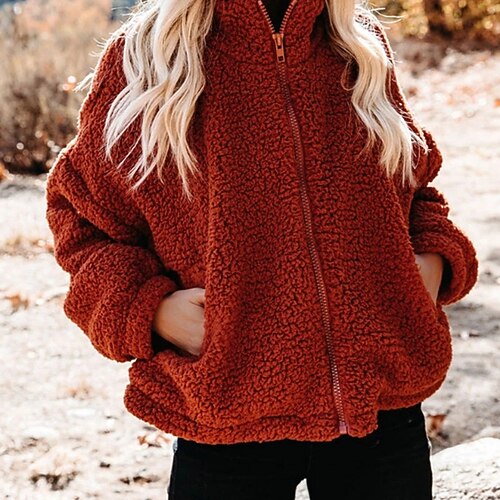 

Women's Fleece Jacket Outdoor Street Daily Fall Winter Regular Coat Regular Fit Thermal Warm Streetwear Casual Jacket Long Sleeve Solid Color Pocket Zip Front Wine Red