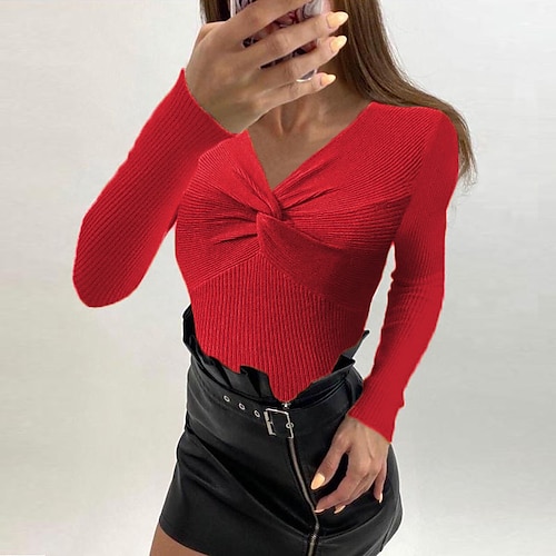 

Damen Pullover Strickwaren Gerippt Stricken Strick Einfarbig V Ausschnitt Stilvoll Casual Outdoor Heim Winter Herbst Rot Braun Blau Purpur S / Langarm / Regular Fit / Ausgehen