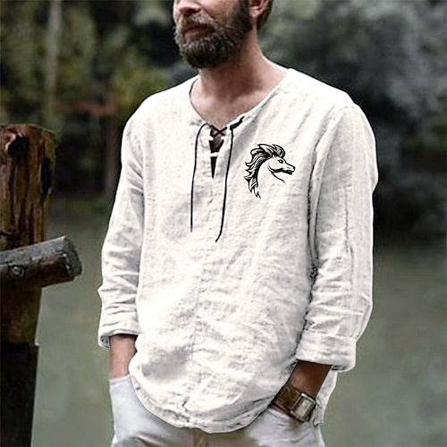 

Men's Shirt Graphic Patterned Solid Color Horse V Neck Casual Daily Drawstring Long Sleeve Tops Casual Exaggerated White Black Blue