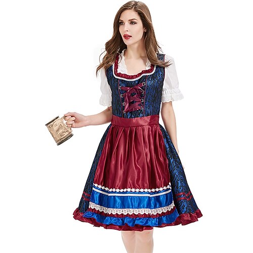 

Oktoberfest Beer International Beer Festival Dirndl Trachtenkleider Women's Top Dress Apron Bavarian Costume Burgundy