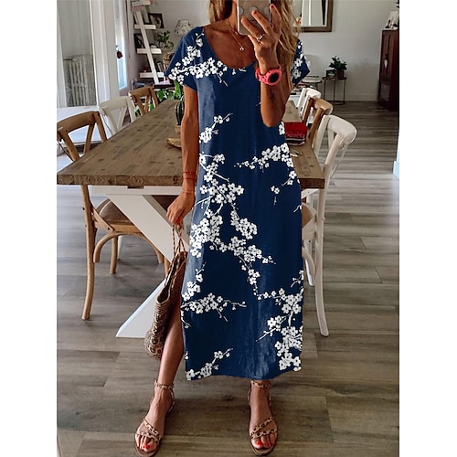

Women's Shift Dress Maxi long Dress Green Brown Navy Blue Short Sleeve Floral Split Print Spring Summer V Neck Casual Vacation 2022 S M L XL XXL 3XL