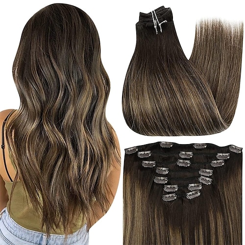 

Clip-In-Haarverlängerung Echthaar 12 Zoll Balayage Farbe 2 Dunkelstes Braun Verblassen zu 8 Aschbraun Highlight mit 2 Haarverlängerungs-Clips 7 Stück Remy Clip-In-Haare 90 Gramm