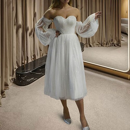 

Princess A-Line Wedding Dresses Strapless Tea Length Tulle Sleeveless Simple Sexy Little White Dress Sparkle & Shine Backless with Sequin 2022
