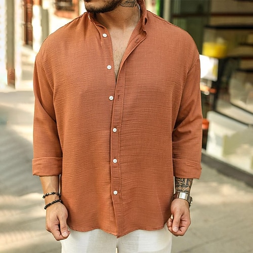 

Men's Shirt Solid Color Turndown Street Daily Button-Down Long Sleeve Tops Designer Casual Fashion Comfortable Orange