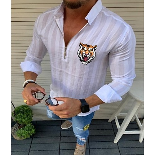 

Men's Shirt Striped Solid Color Tiger Turndown Street Casual Zipper Half Sleeve Tops Designer Casual Fashion Breathable White Black Red / Summer