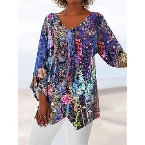 

Women's T shirt Tee Rainbow Floral Print Long Sleeve Casual Daily Basic Vintage V Neck Long Loose Fit Floral S / 3D Print