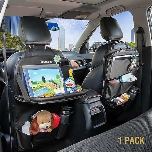Tsumbay Car Backseat Organizer with Tablet Holder，9 Storage Pockets PU  Leather Foldable Table Tray Seat Back Protectors Kick Mats Travel