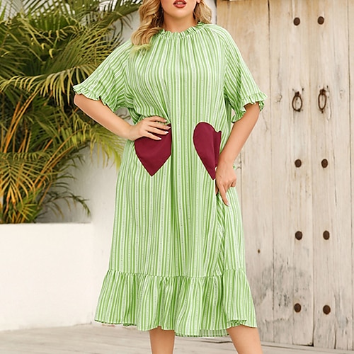 

Women's Plus Size Curve Casual Dress Striped Round Neck Short Sleeve Spring Summer Casual Maxi long Dress Daily Date Dress / Heart