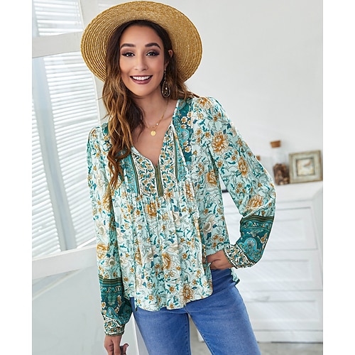 

Women's Shirt Floral Holiday Weekend Floral Shirt Long Sleeve Lace up Print V Neck Casual Streetwear Lantern Sleeve Green Blue Yellow S / 3D Print