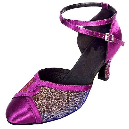 

Women's Ballroom Shoes Modern Shoes Stage Indoor Practice Heel Glitter Splicing Cuban Heel Purple Wine / Satin / Professional