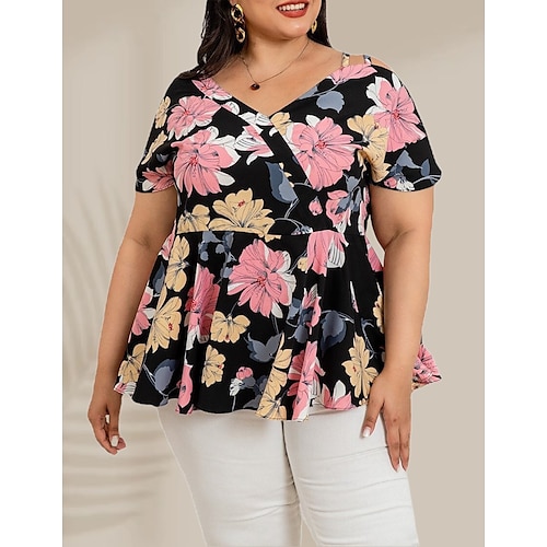 

Women's Plus Size Short Sleeve V Neck Floral Printed Single Shoulder Strap Tunic Tops Vacation Summer Going out Casual Ruffle Swing Shirts Blouses