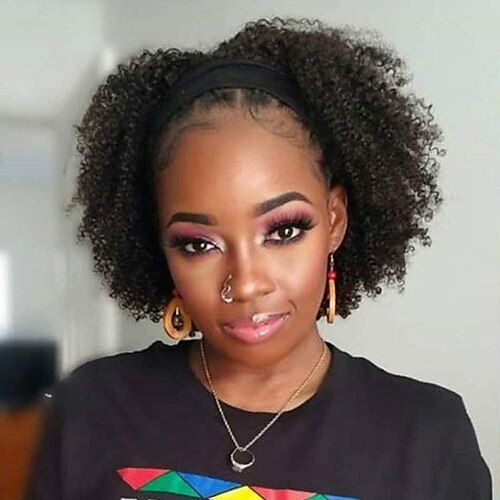 

Human Hair Wig Curly With Headband Natural Black Adjustable Easy to Carry Natural Hairline Machine Made Brazilian Hair Women's Natural Black #1B 8 inch 10 inch 12 inch Party / Evening Daily Wear