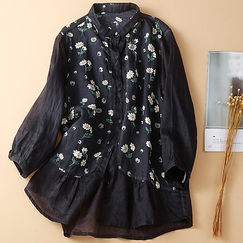 

Mujer Camisa Blusa Negro Verde Trébol Caqui Floral Botón Estampado Manga 3/4 Diario Fin de semana Ropa de calle Casual Cuello Camisero Regular Lino Flor M