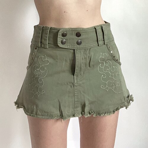 

Mulheres Saia Saia Carga Mini Algodão Verde Tropa Saias Bordado Bolsos Moda Casual / Diário Final de semana S M L