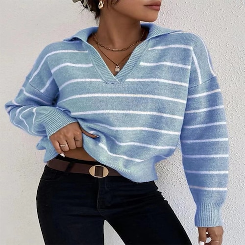 

Women's Sweater Jumper Knit Knitted Striped Shirt Collar Stylish Casual Home Daily Fall Winter Green Black S M L / Long Sleeve / Holiday / Regular Fit