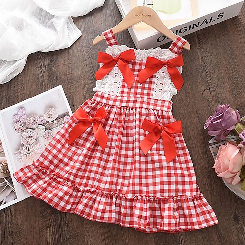 

Kids Toddler Little Girls' Dress Plaid Strap Dress Party Performance Ruffle Lace Patchwork Red Cotton Knee-length Sleeveless Cute Sweet Dresses Summer Regular Fit 1pcs 2-6 Years / Bow