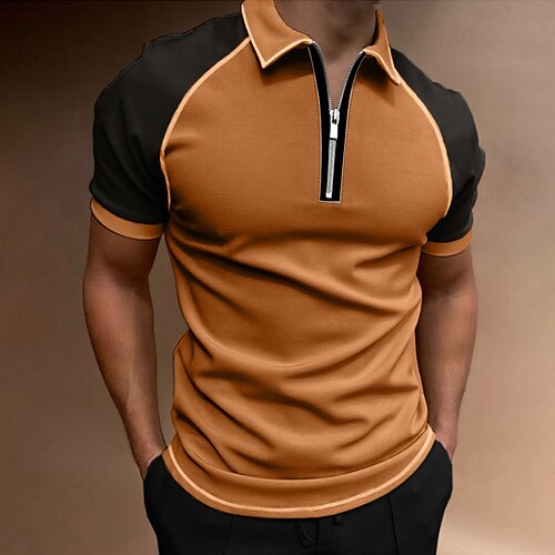 

Men's Golf Shirt Color Block Turndown Street Casual Zipper Short Sleeve Tops Casual Fashion Comfortable Brown