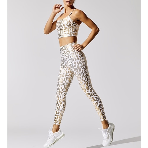 

Women's Activewear Set Sports Bra with Tights Yoga Suit 2 Piece Cropped Leopard Sports Bra Leggings White Orange Yoga Fitness Gym Workout Tummy Control Butt Lift Breathable Sport Activewear Stretchy