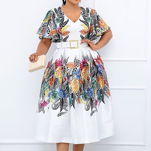 

Women's Plus Size Work Dress Leaf V Neck Print Short Sleeve Fall Spring Work Formal Midi Dress Vacation Going out Dress