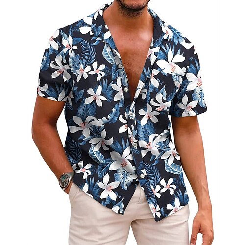 

Men's Shirt 3D Print Floral Graphic Patterned Turndown Street Daily 3D Button-Down Short Sleeve Tops Casual Fashion Breathable Comfortable Royal Blue