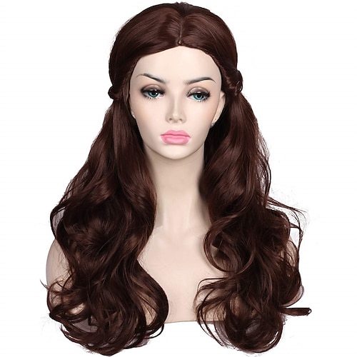 

Womens Long Wavy Brown Prestyled Cosplay Wig with Detachable Bun
