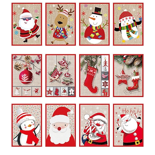 

12pcs Christmas Tree Reindeer Santa Claus Card Congratulations Cards for Gift Decoration Party with Envelope 107.5 inch Paper