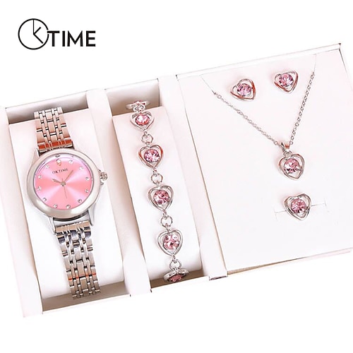 

6pcs/Lot Fashion Oktime Stainless Steel Quartz Watch for Ladies Women With Ocean Star Jewelry Set Gift