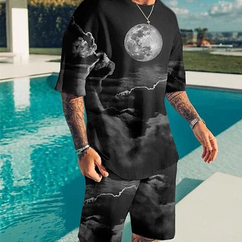 

Men's T-shirt Suits Tennis Shirt Graphic Cartoon Crew Neck Gold Brown Light Blue White Black 3D Print Street Daily Short Sleeve Print Clothing Apparel 2pcs Basic Fashion Lightweight Casual / Summer