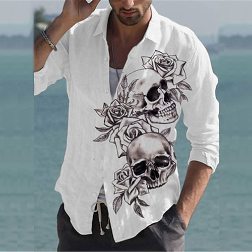 

Homens Camisa Social Camisa Gráfica Caveiras Aberto para a Lateral Branco Impressão 3D Ao ar livre Rua Manga Longa Botão para baixo Imprimir Roupa Moda Designer Casual Respirável