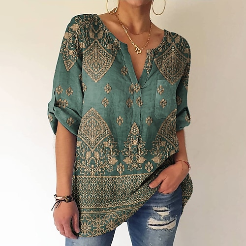 

Women's Blouse Shirt Tunic Green Graphic Button Pocket Long Sleeve Daily Weekend Streetwear Casual V Neck Long S / Print