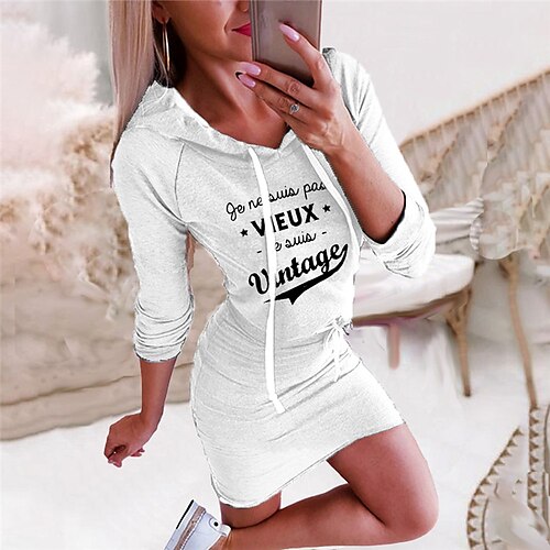 

Women's Bodycon Short Mini Dress White Long Sleeve Letter Print Fall Spring Hooded Fashion 2022 S M L XL XXL 3XL