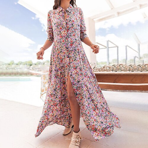 

Women's Shirt Dress Maxi long Dress Pink Yellow Long Sleeve Floral Split Print Spring Summer Shirt Collar Stylish Casual 2022 S M L XL