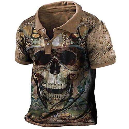 

Men's Collar Polo Shirt Golf Shirt Graphic Skull Turndown Brown 3D Print Street Daily Short Sleeve 3D Button-Down Clothing Apparel Fashion Casual Breathable Comfortable / Beach
