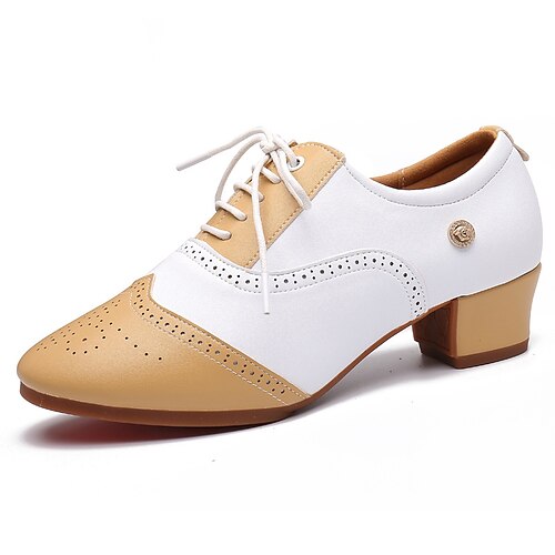 

Women's Latin Shoes Practice Trainning Dance Shoes Performance Outdoor ChaCha Party Collections Full Sole Hollow-out Splicing Thick Heel Round Toe Lace-up Adults' White Yellow