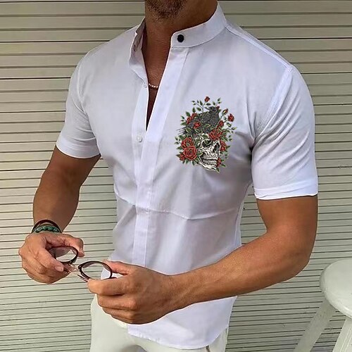 

Men's Shirt Solid Color Skull Bird Rose Standing Collar Street Casual Button-Down Print Half Sleeve Tops Designer Casual Fashion Breathable White Black Wine / Summer