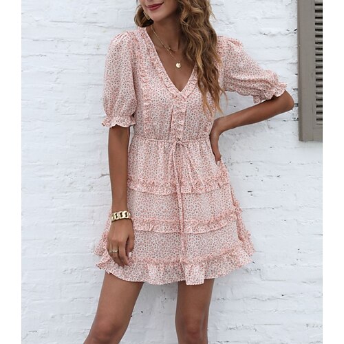

Women's A Line Dress Short Mini Dress Pink Half Sleeve Floral Chiffon Patchwork Print Summer V Neck Stylish Casual Modern 2022 S M L XL