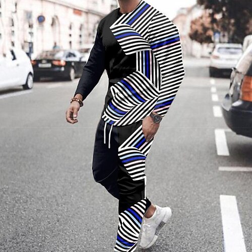 

Men's Tracksuit Hoodies Set Graphic Patterned 2 Piece Print Sports Outdoor Casual Sports 3D Print Sportswear Basic Essential Hoodies Sweatshirts Black And White Black Blue