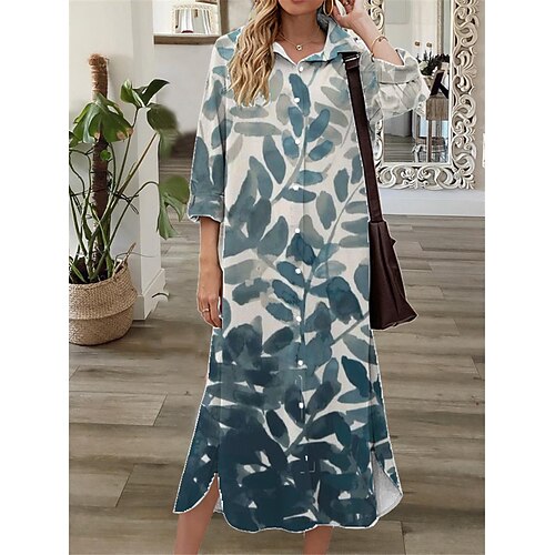 

Women's Shift Dress Midi Dress Blue 3/4 Length Sleeve Print Button Print Fall Spring Shirt Collar Casual Fashion 2022 S M L XL XXL 3XL