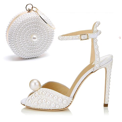 

Women's Wedding Shoes Wedding Party Ankle Strap Sandals Wedding Sandals Shoes And Bags Matching Sets Summer Pearl Buckle Pumps Open Toe Sexy Minimalism Roman Shoes PU Elastic Fabric Buckle Polka Dot