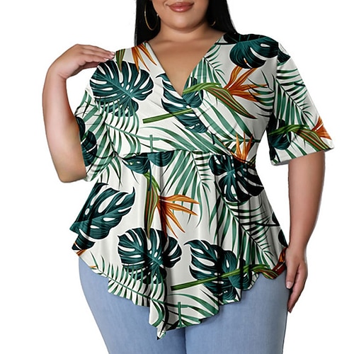

Women's Plus Size Tops Blouse Shirt Leaf Print Short Sleeve V Neck Streetwear Hawaiian Daily Going out Polyester Spring Summer Green Orange