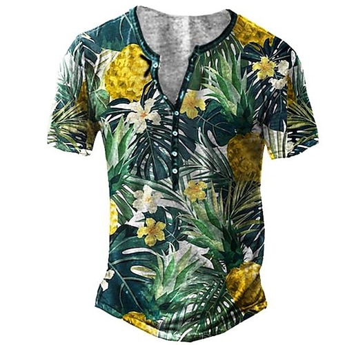 

Men's Henley Shirt Tee T shirt Tee 3D Print Floral Graphic Patterned Plus Size Henley Daily Sports Button-Down Print Short Sleeve Tops Designer Basic Casual Big and Tall Light Yellow Green Black