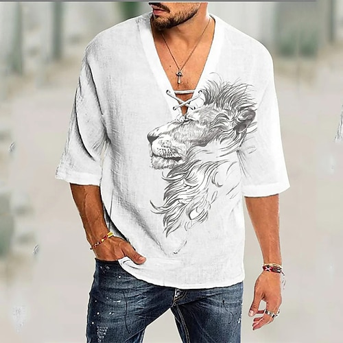 

Men's T shirt Tee 3D Print Graphic Patterned Lion V Neck Street Daily Drawstring 3D Half Sleeve Tops Casual Fashion Comfortable White / Beach