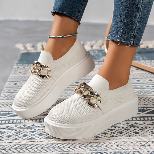 

Women's Slip-Ons Daily Flyknit Shoes Slip-on Sneakers Summer Flat Heel Round Toe Casual Walking Shoes Tissage Volant Loafer Solid Colored Black Khaki White