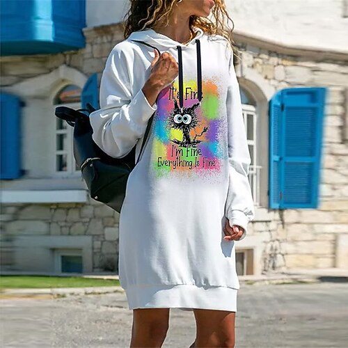

Women's Shift Dress Short Mini Dress White Long Sleeve Fall Cat Letter Animal Print Fall Spring Hooded Casual 2022 S M L XL XXL 3XL